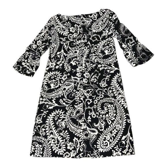 Talbots Paisley Crepe Shift Dress Women's Size 2P Bell Sleeves Black and White - Picture 2 of 9